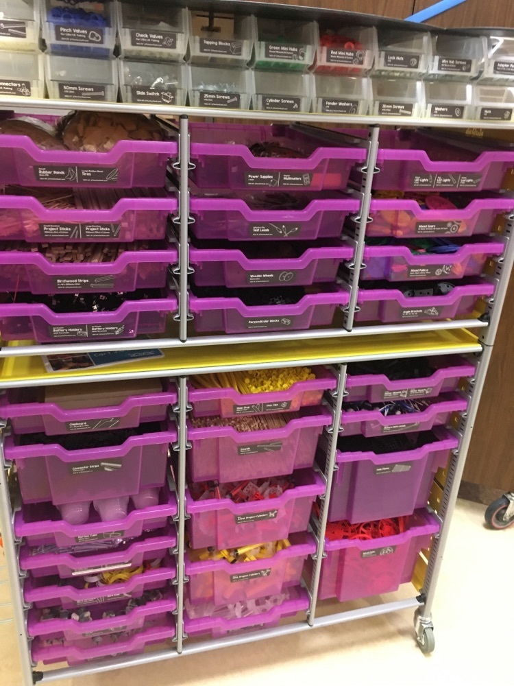 makerspace cart with screws, gears, pulleys, and much more