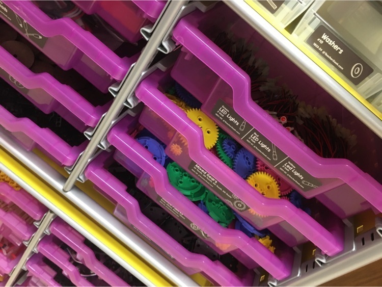 makerspace cart with screws, gears, pulleys, and much more