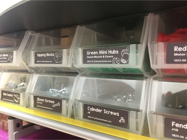 makerspace cart with screws, gears, pulleys, and much more