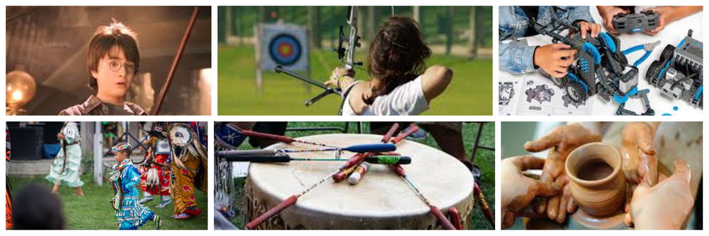 images of Harry Potter, archery, robotics, dance, drum, and pottery