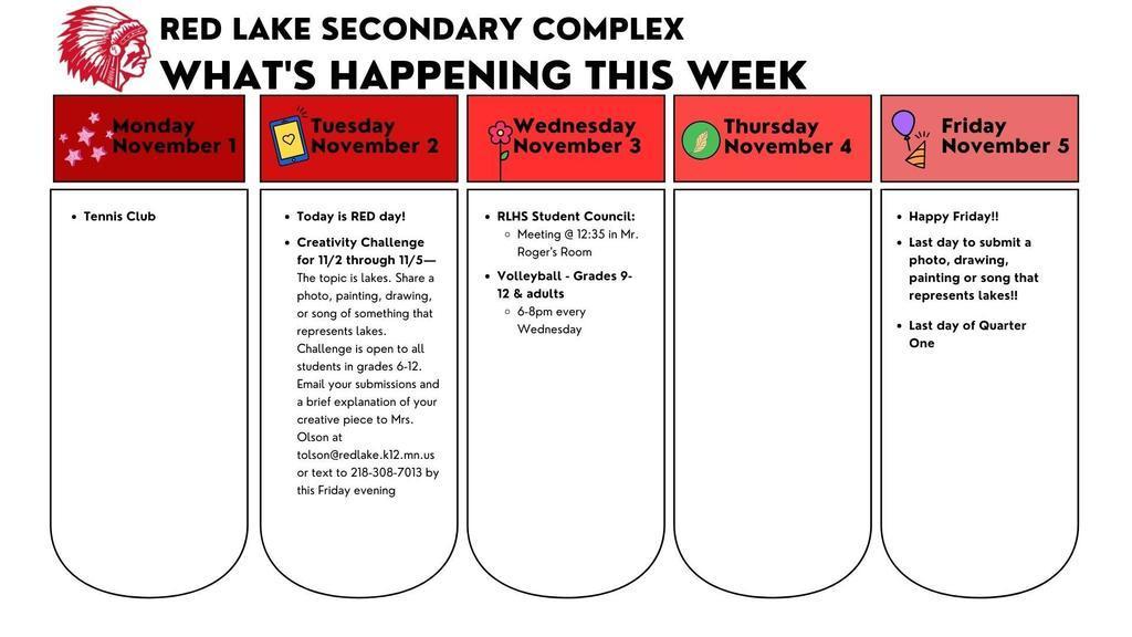 What's Happening This Week @ Red Lake Secondary Complex